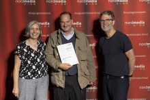 nordmedia Kinoprogrammpreis 2024 im CITY 46/ Kommunalkino Bremen: Apollo Hannover (v.l. Petra Schleuning, Torben Scheller, Robert Thalheim)